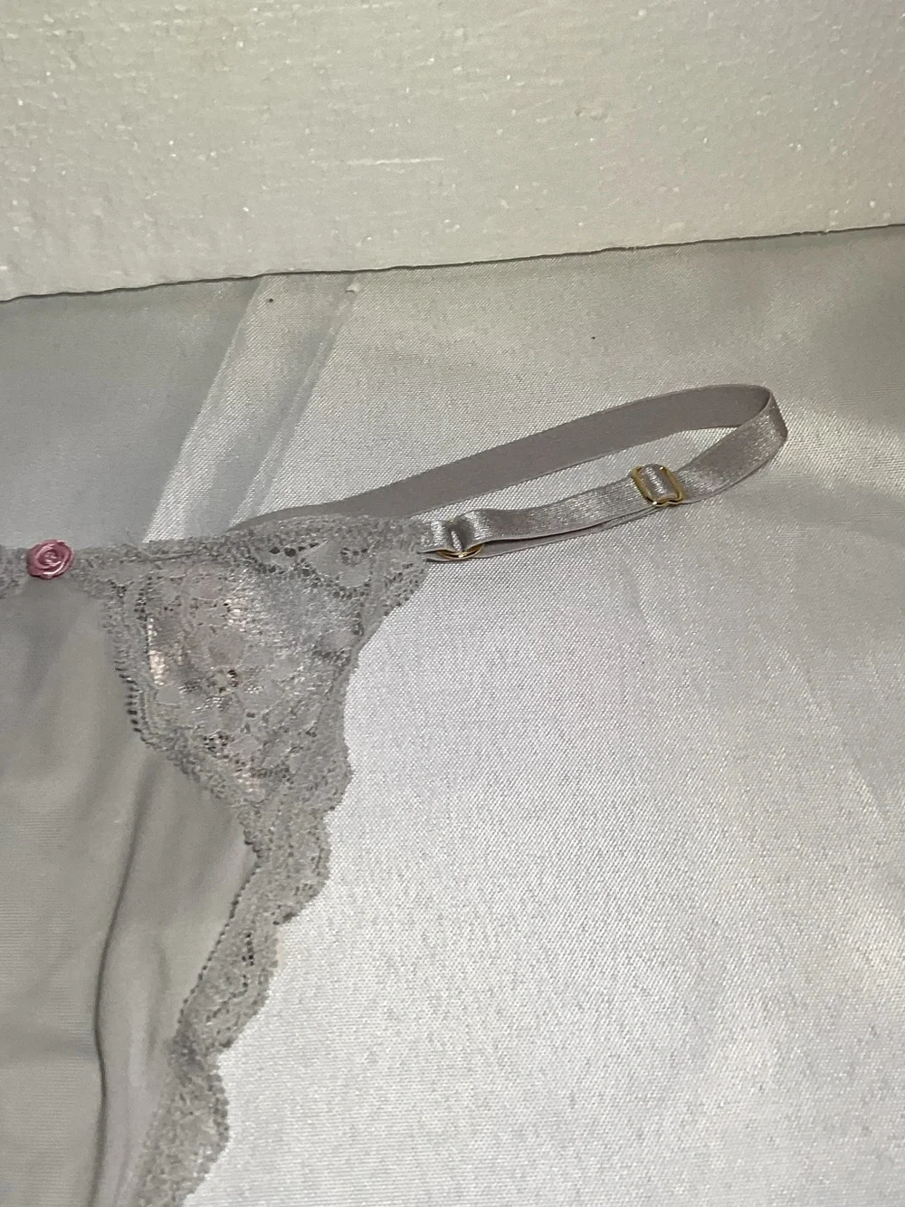 Victoria's Secret Lace-Trim Thong Panty - Light Gray with Pink Accent